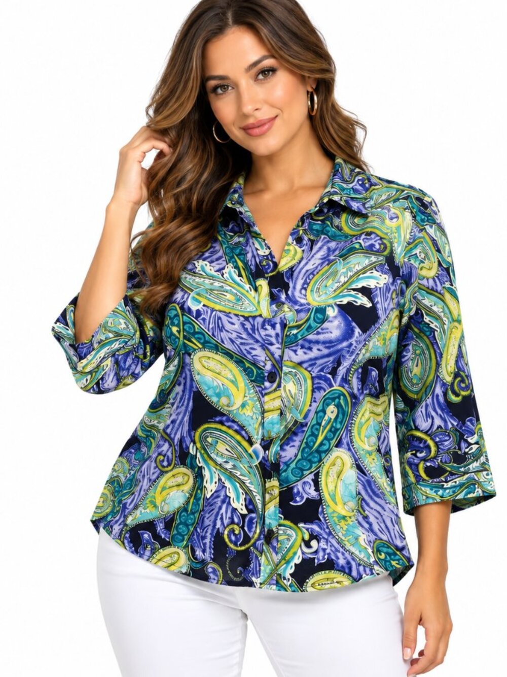 212 Collection Blue & Green Paisley Blouse | Plus Size 1X | Button-Front Top